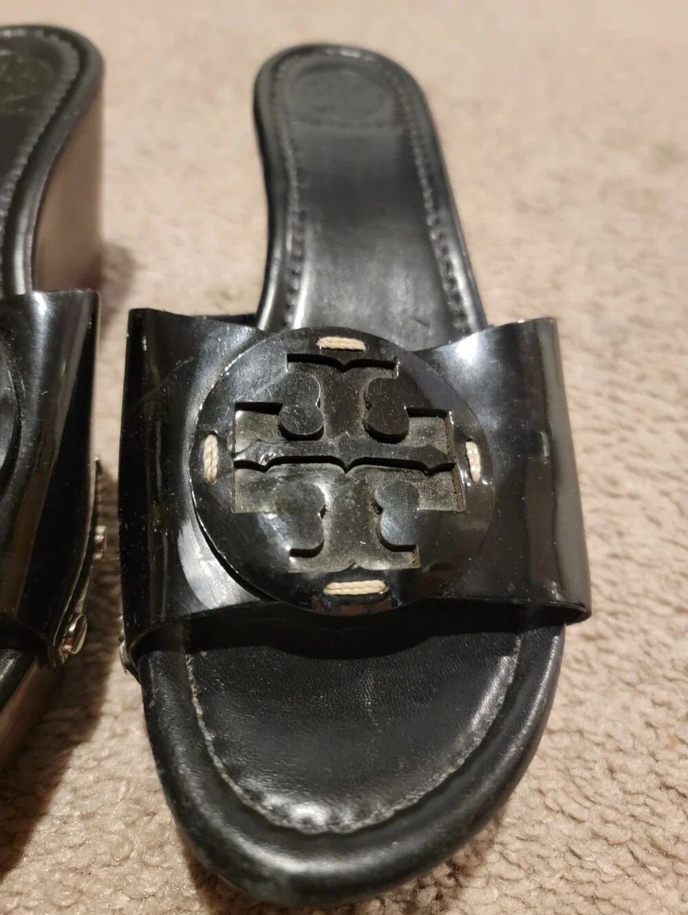 Tory Burch Patti Black Patent Leather Slides Platform Wedge Mule Sandal Size 8